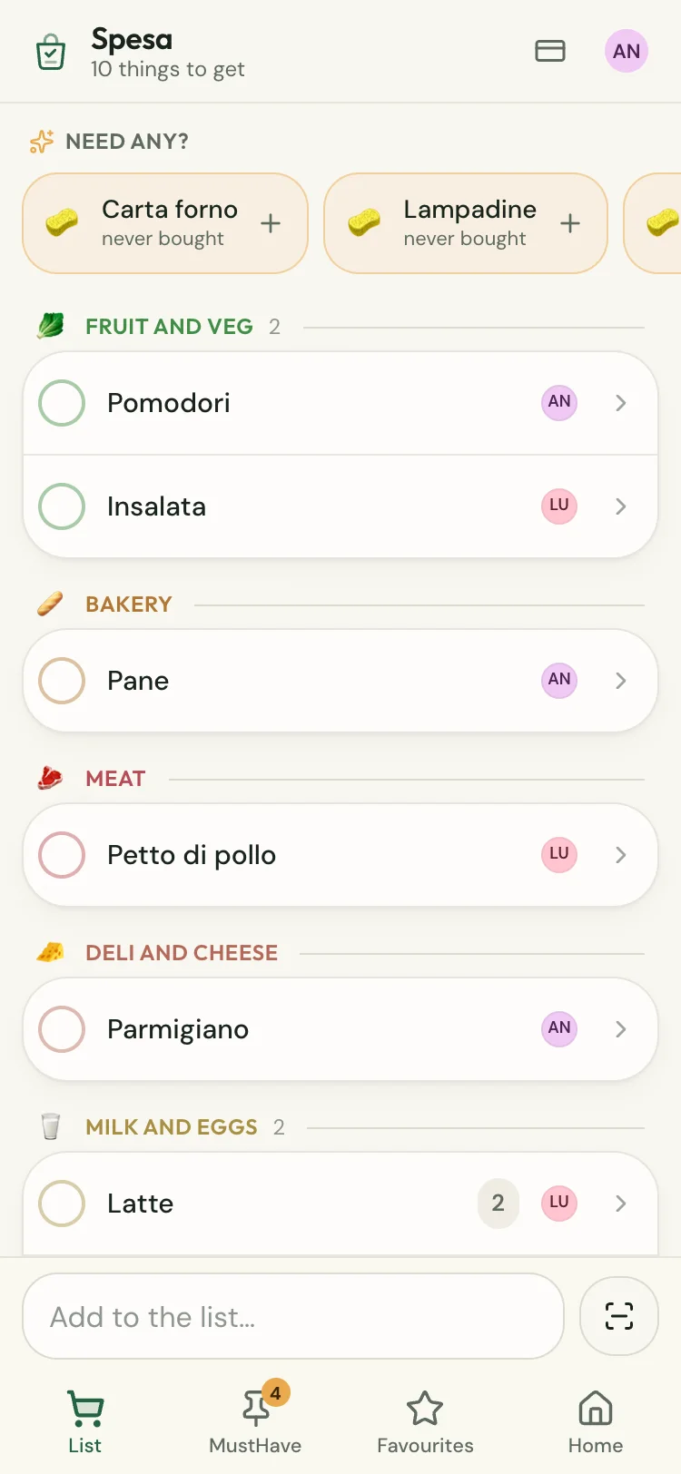 The SpesaDistesa shopping list on a phone, split into supermarket aisles: fruit and veg, dairy, cupboard