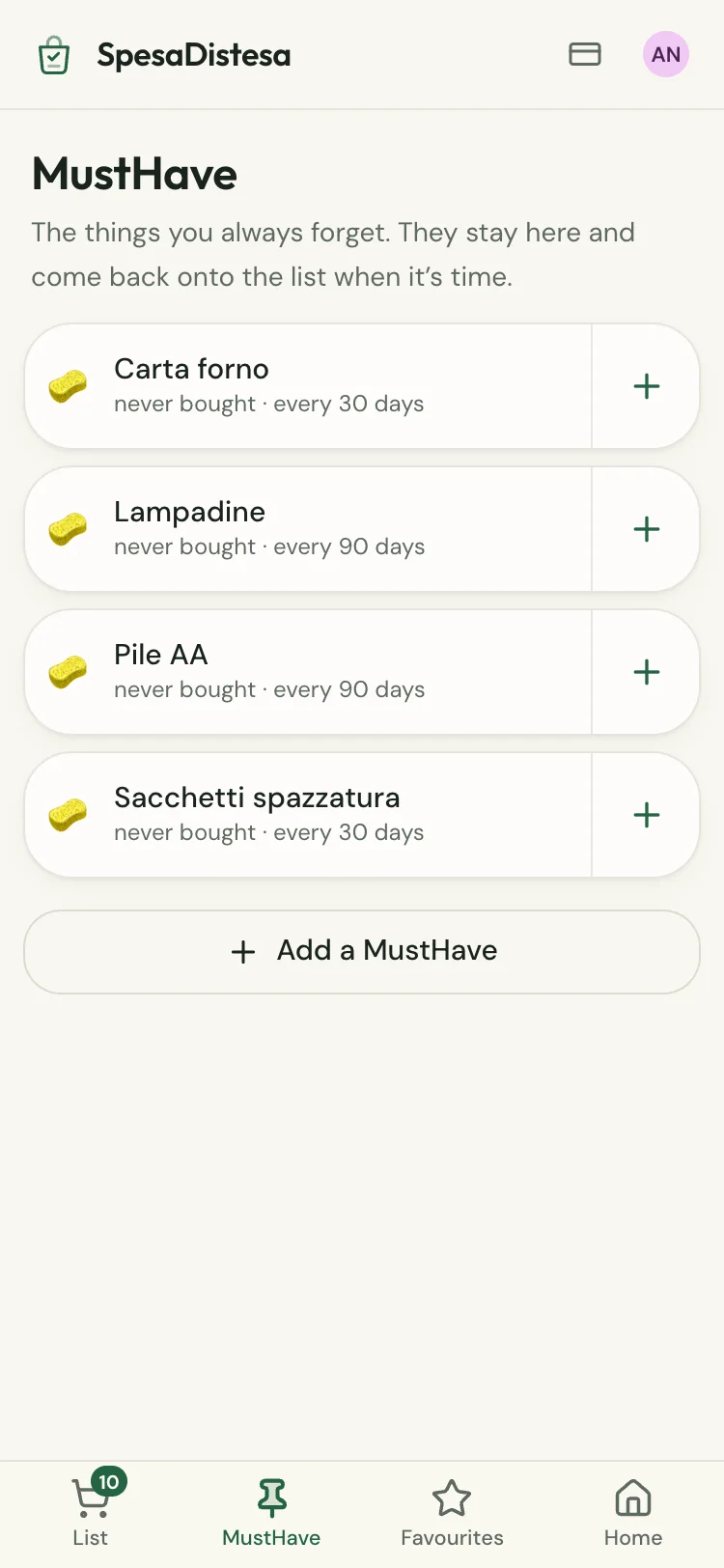 The MustHaves screen: bin bags, light bulbs and coffee, with how often they run out