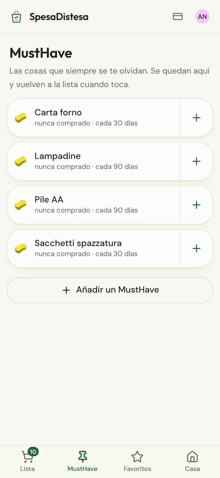La pantalla de los MustHave: bolsas, bombillas y café, con cada cuánto se acaban